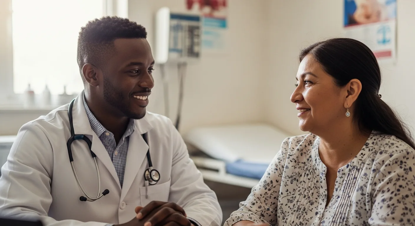 A doctor smiling warmly with a patient during a clinic visit